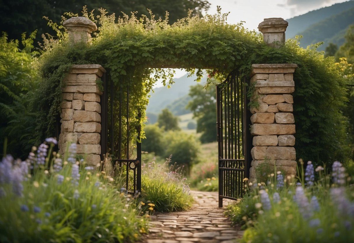 A weathered wooden gate stands between two stone pillars, adorned with climbing vines and wildflowers. Surrounding it, a lush garden of herbs and vegetables spills out into the countryside