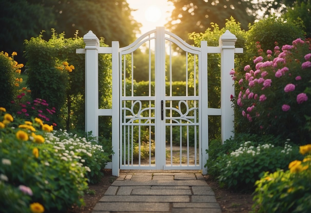 A white vinyl lattice gate stands between two lush garden beds, with climbing vines and flowers adding a pop of color