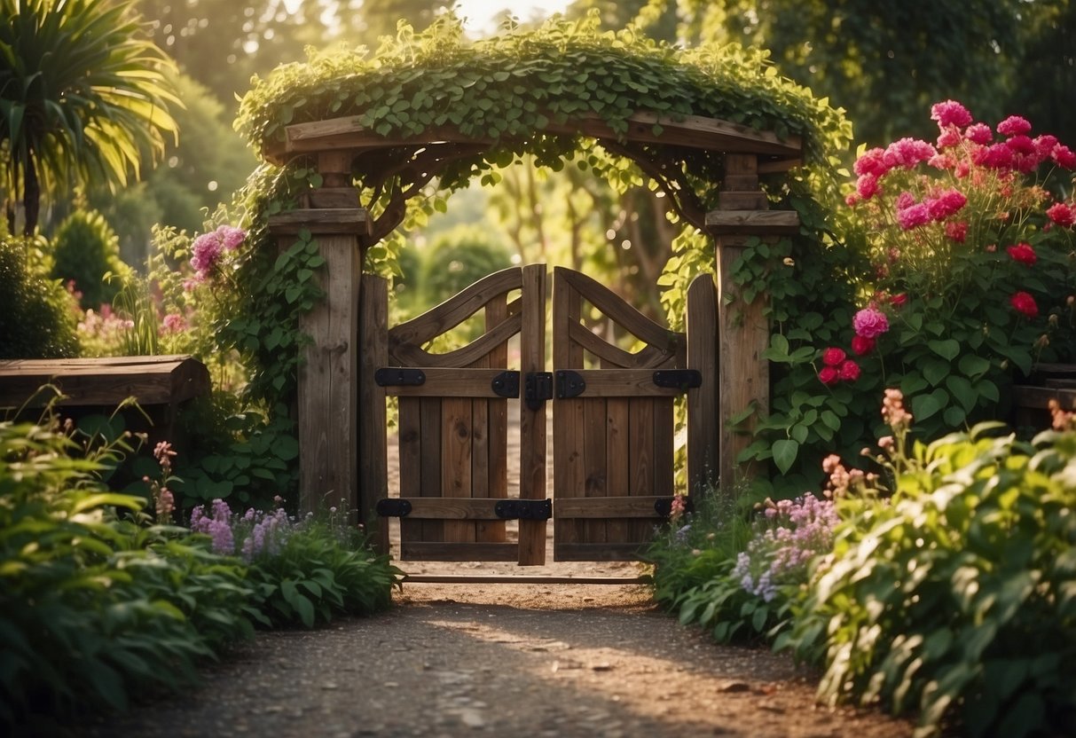 A weathered, reclaimed wood gate stands amidst a lush garden, framed by climbing vines and colorful flowers