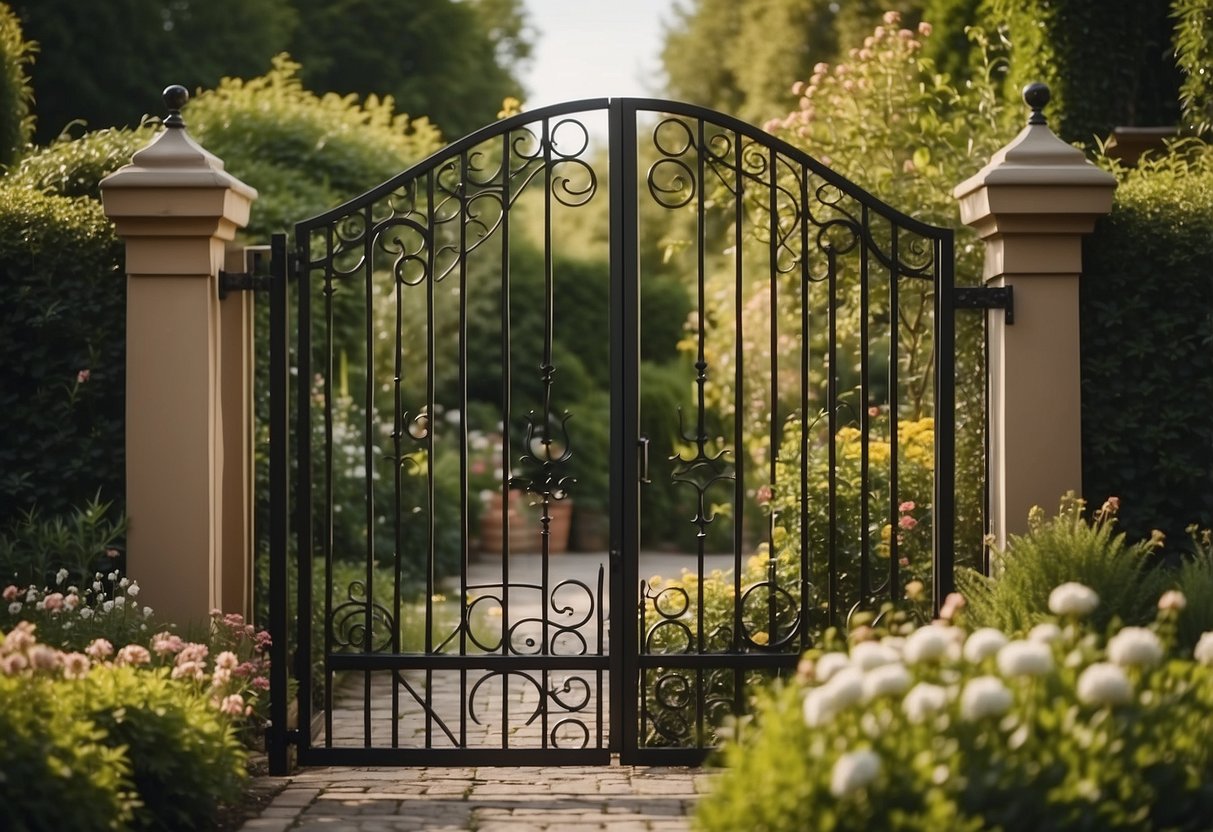 A person selects wood, iron, or vinyl for a garden gate. The gate stands in a lush garden with flowers and shrubs