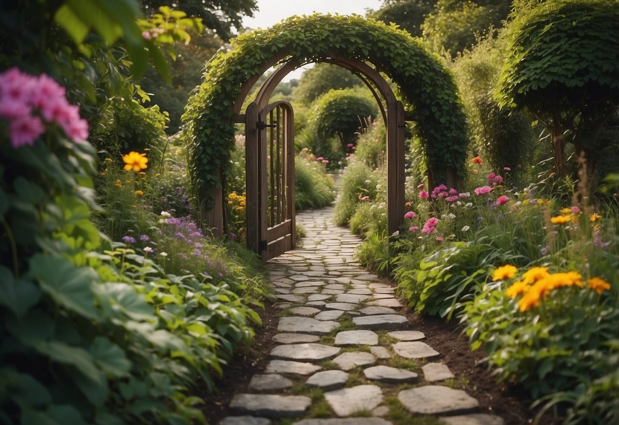 A garden gate stands ajar, vines winding around its weathered wooden frame. A path of stepping stones leads through a lush garden, filled with colorful flowers and verdant foliage