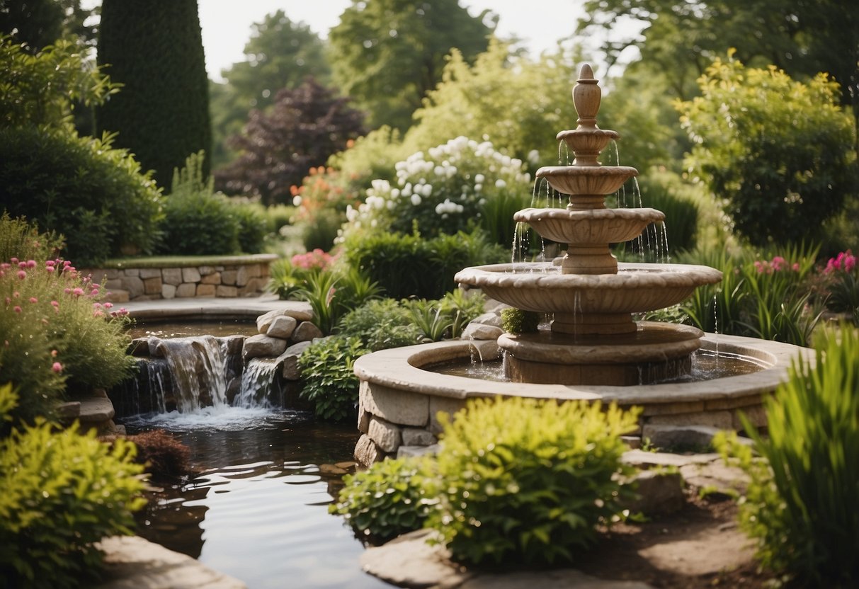 A serene garden with a variety of water features, including fountains, ponds, and streams. Lush greenery and colorful flowers surround the peaceful setting