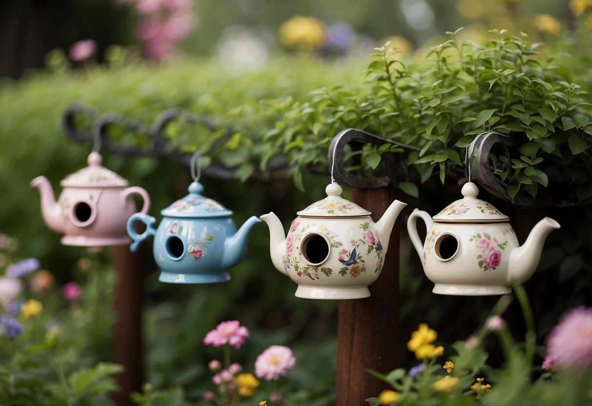 A row of vintage teapot birdhouses adorns a whimsical garden, nestled amongst blooming flowers and lush greenery