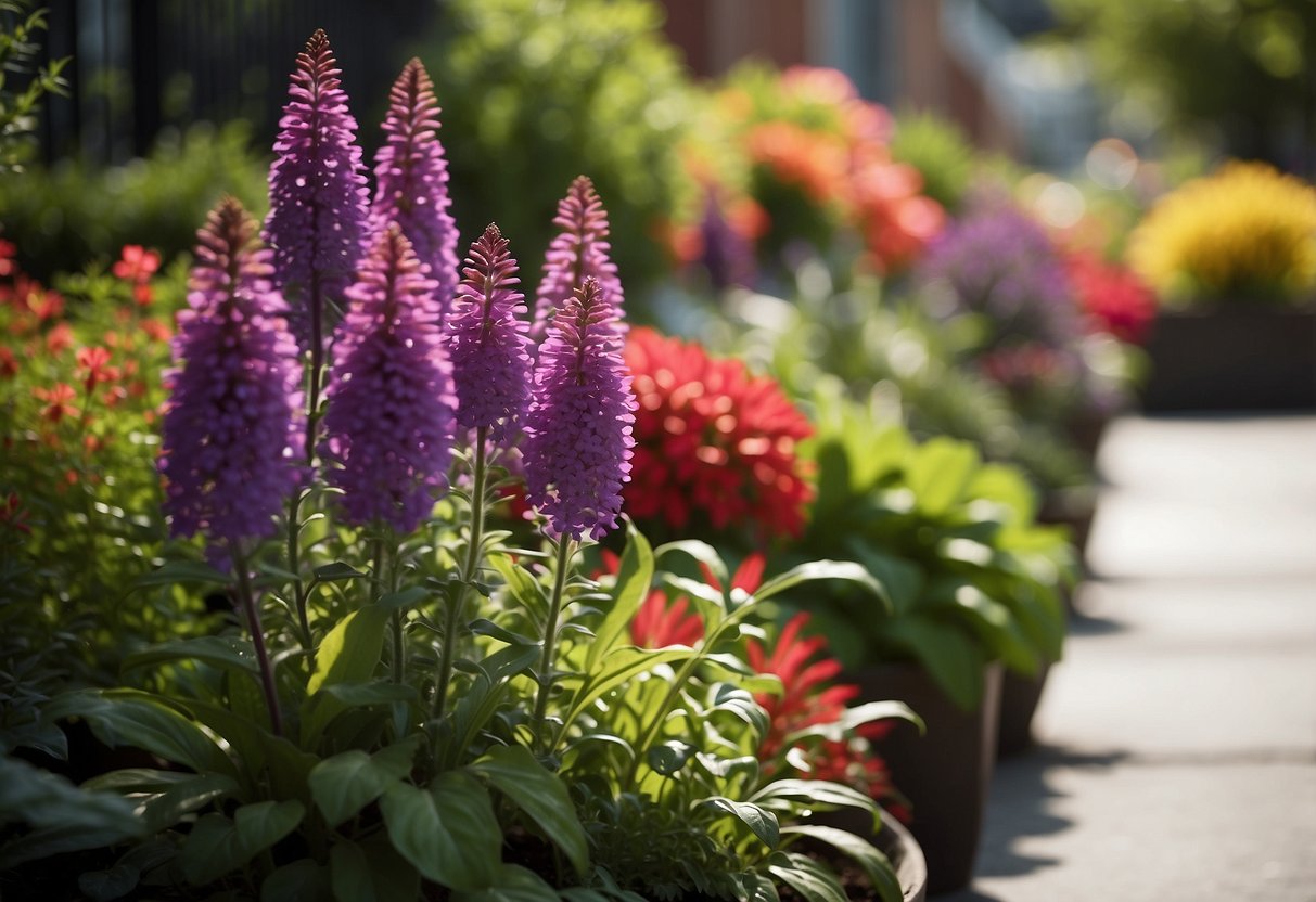 Vibrant flower beds bloom in a New York front garden. Rich colors and diverse textures create a lush and inviting atmosphere