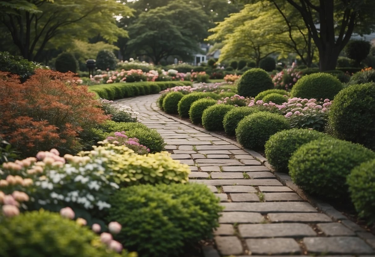 A winding, elegant paved pathway meanders through a lush garden in New York, flanked by vibrant flowers and manicured shrubs