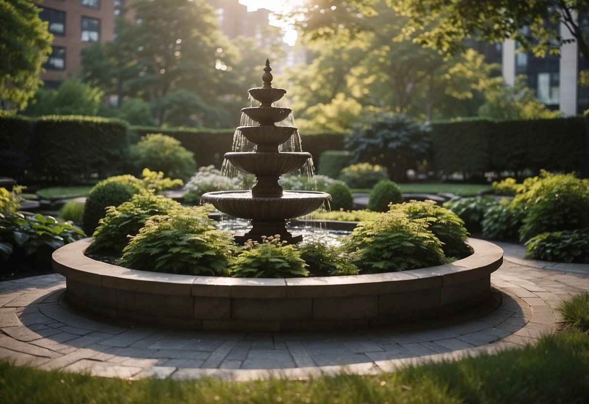 A serene front garden in New York with elegant water features and lush greenery