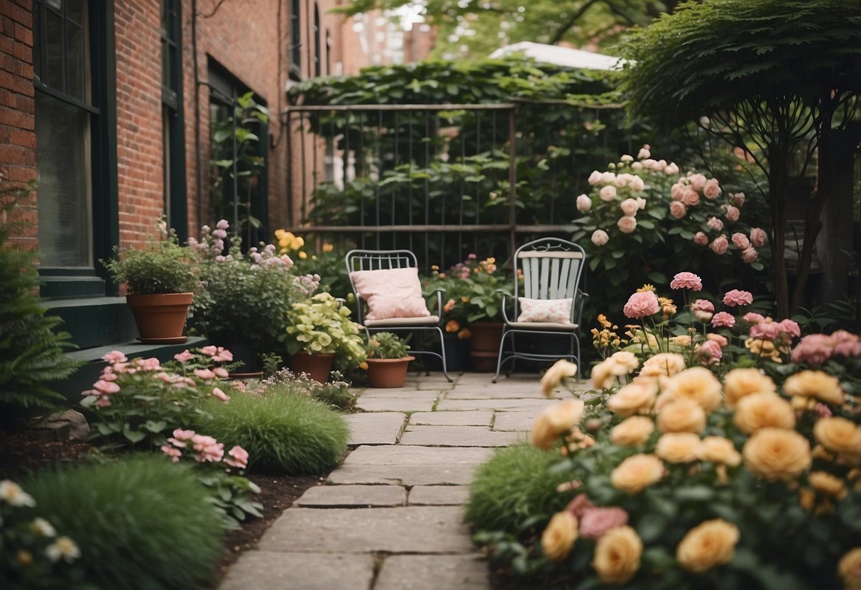 A charming vintage garden set sits among blooming flowers in a quaint New York front yard