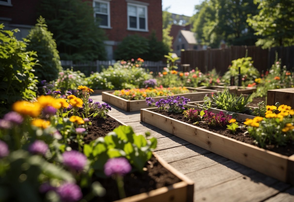 A raised vegetable garden sits in a sunny front yard in New York, surrounded by colorful flowers and neatly arranged garden beds