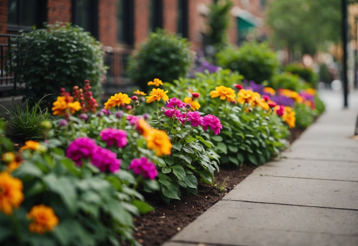 Vibrant flowers and greenery line the front garden, creating a colorful border in New York