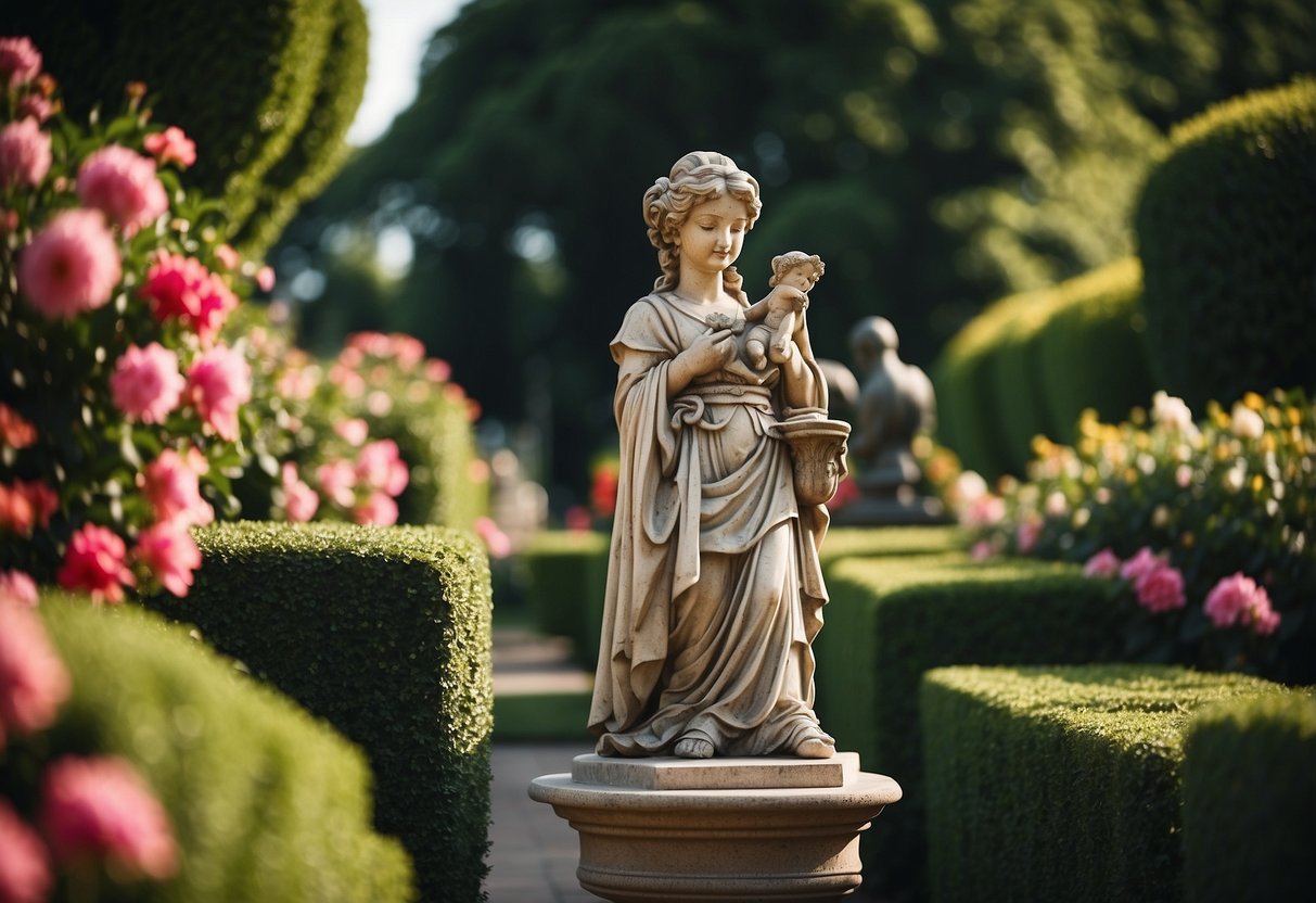 A lush garden with ornate statues and sculptures, surrounded by vibrant flowers and neatly trimmed hedges, creating a serene and elegant atmosphere