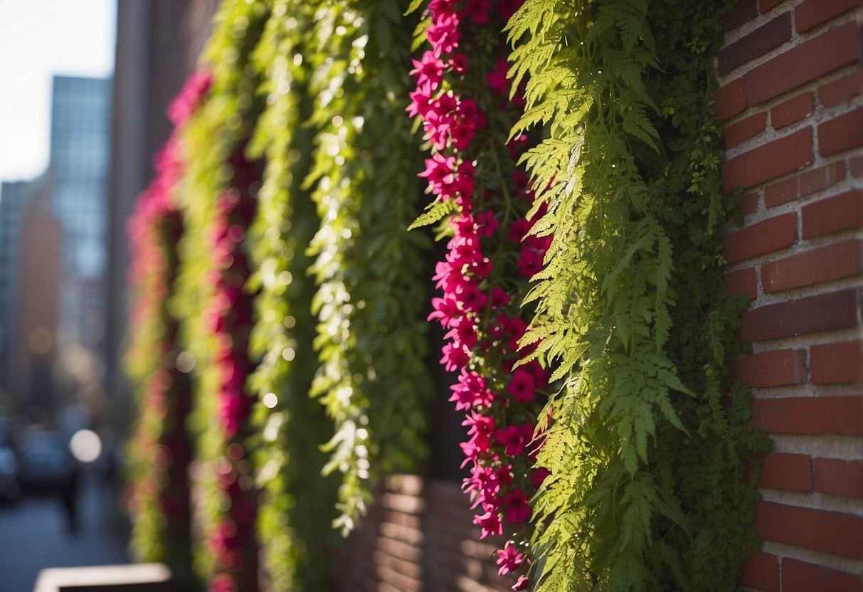 A row of vibrant, cascading plants hang from a wall-mounted vertical garden in a New York front yard. The greenery adds a pop of color to the urban landscape