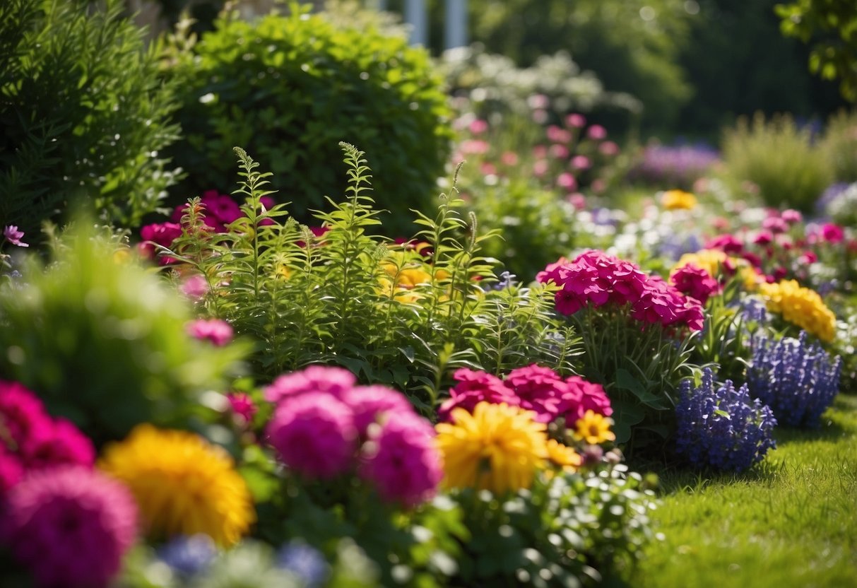 Lush greenery and vibrant flowers fill the front garden, arranged in seasonal patterns. A mix of perennials and annuals create a dynamic and colorful display