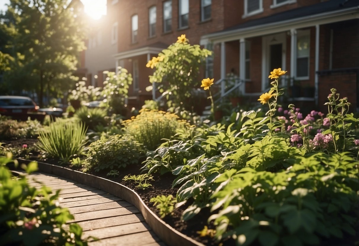 Lush green plants and flowers fill a front garden in New York, with solar-powered lights and a composting area