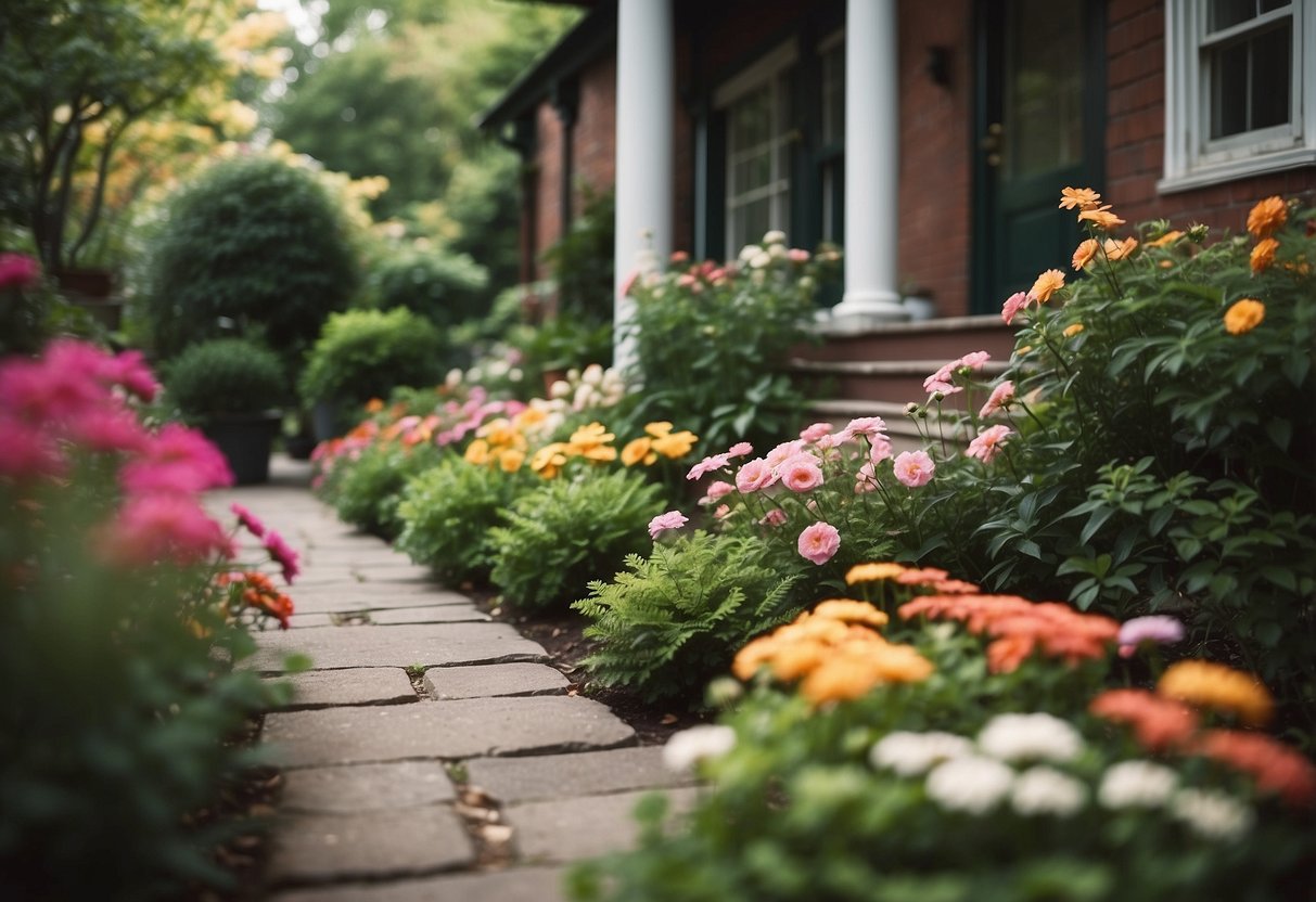 A small front garden in New York, with vibrant flowers and greenery lining a pathway leading to a quaint porch