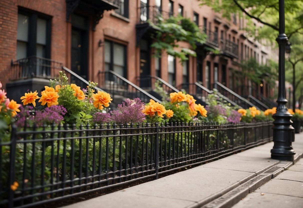 A row of brownstone front gardens in New York City, featuring small trees, colorful flowers, and wrought-iron fences