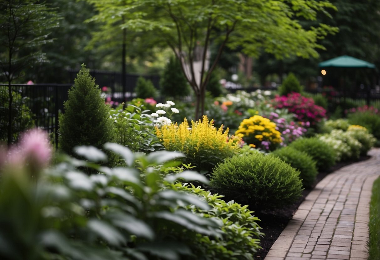 A lush front garden in New York, featuring evergreen shrubs, colorful perennials, and well-maintained pathways. A mix of textures and heights adds visual interest, while strategic lighting enhances the garden's beauty day and night