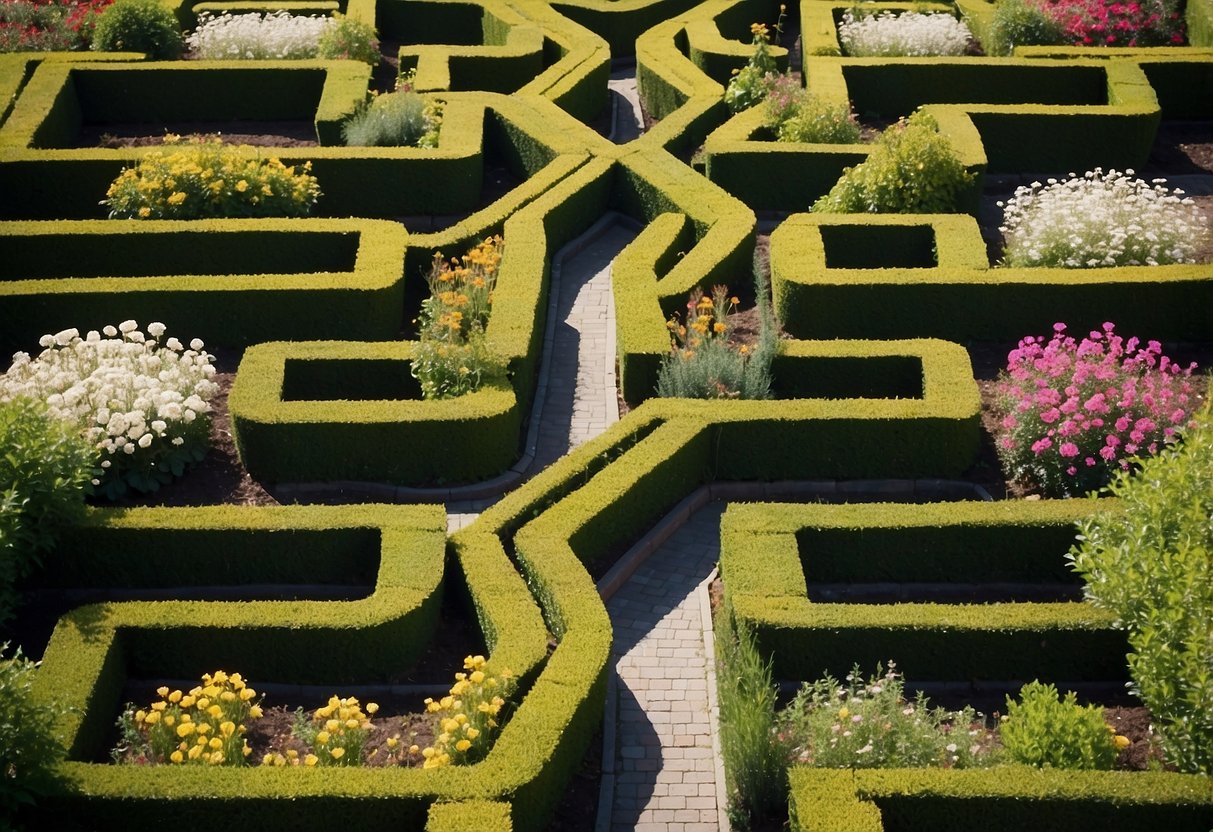 A garden with triangular pathways intersecting at various angles, surrounded by geometrically shaped flower beds and hedges