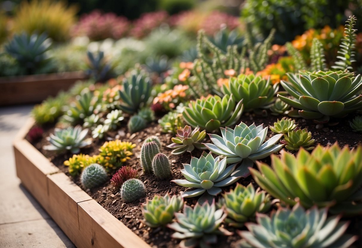 A triangular garden bed with various succulent arrangements, featuring a mix of colors, textures, and sizes, creating a visually appealing and harmonious display