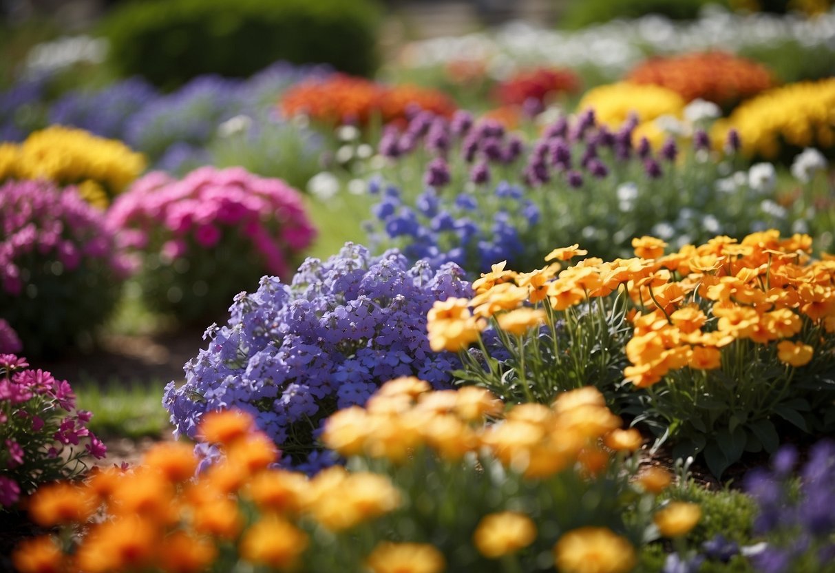 A triangular garden filled with vibrant annual flowers in various colors and sizes, creating a striking and visually appealing display