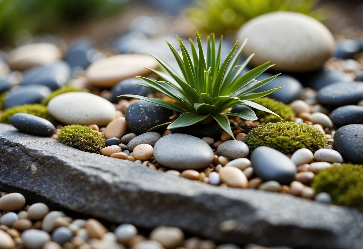 A triangular Zen rock garden with carefully raked gravel, bordered by smooth river stones and featuring a central arrangement of larger rocks and small, minimalist vegetation