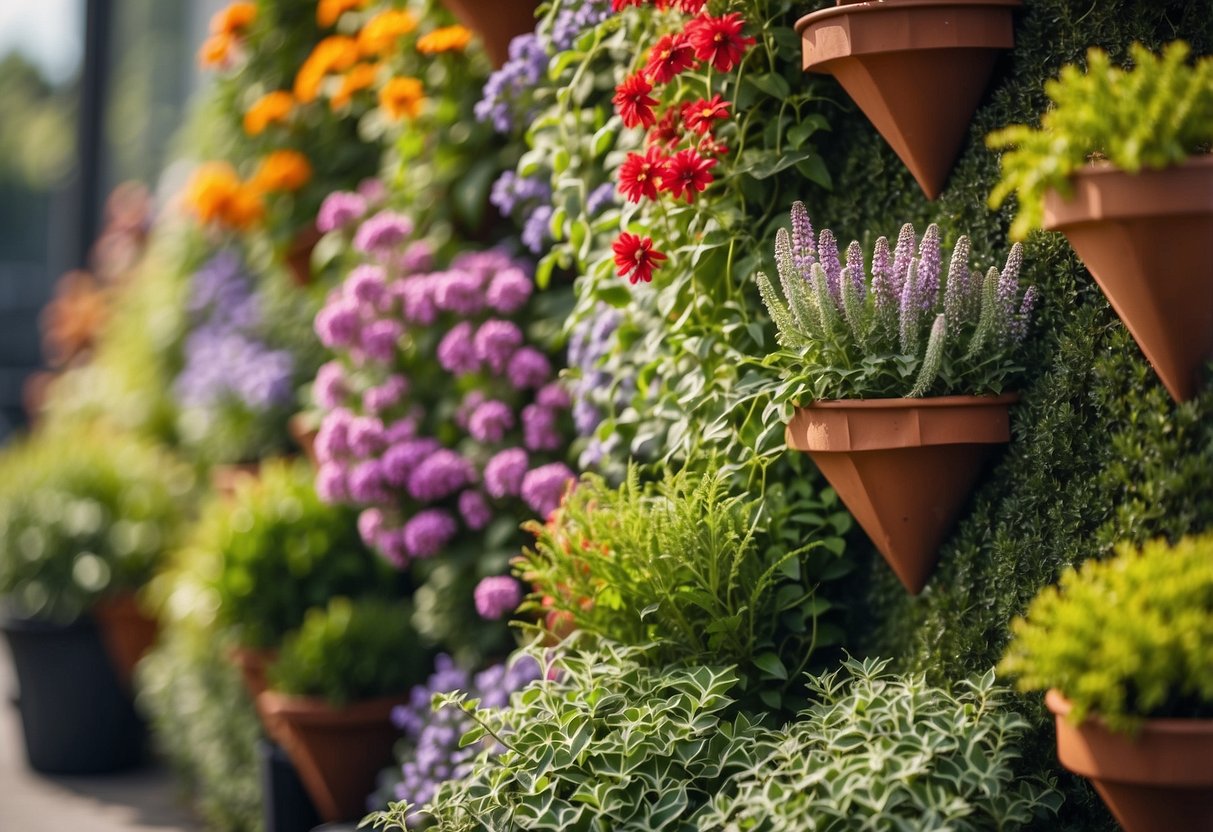 A row of vertical planters arranged in a triangular pattern with various plants and flowers cascading down the sides