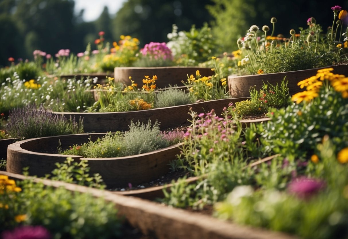 A spiral herb garden with triangular beds cascading down a slope, featuring a variety of aromatic herbs and vibrant flowers