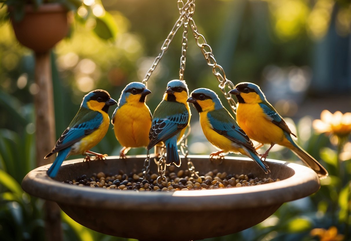 Bird baths and feeders adorn a lush garden, arranged in a triangle formation. The sun casts a warm glow, with colorful birds flitting about