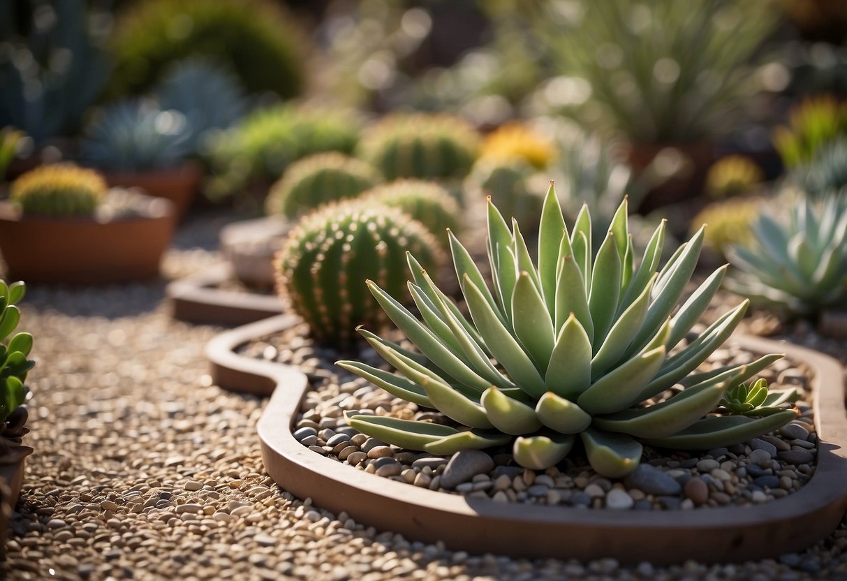 A triangular garden bed filled with decorative gravel, surrounded by low-growing succulents and cacti. A small pathway winds through the garden, leading to a central focal point