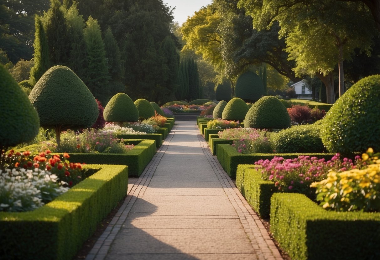 A triangle garden with neatly trimmed hedges, colorful flowers, and a small pathway winding through the center. Surrounding trees provide shade and a sense of seclusion