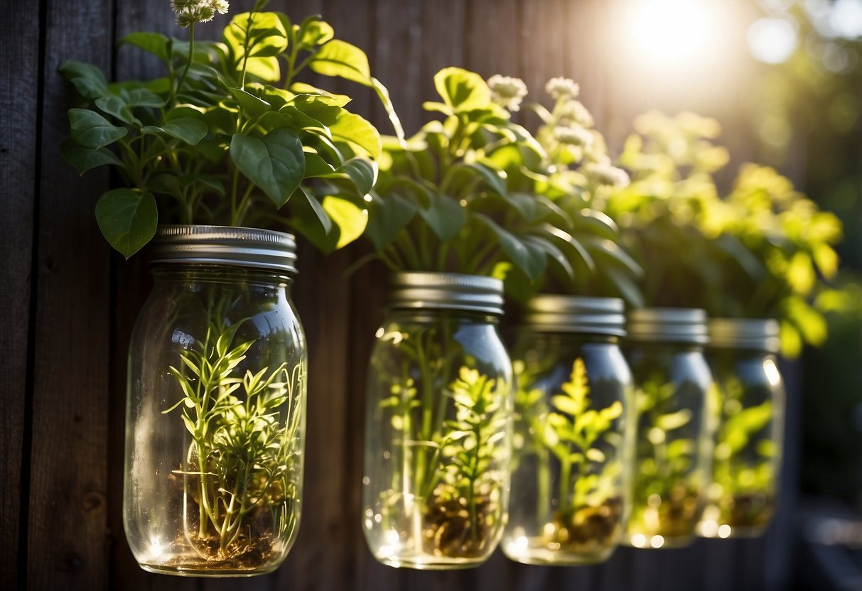 A row of mason jars hang on a wall, each filled with vibrant green plants. The sunlight streams in, casting a warm glow on the lush garden