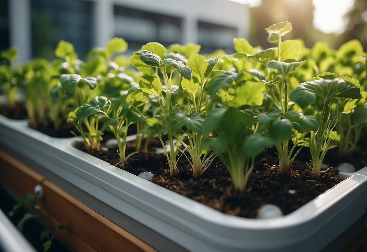 Lush green plants grow in a compact aquaponic system, nestled in an urban garden setting with small-scale infrastructure