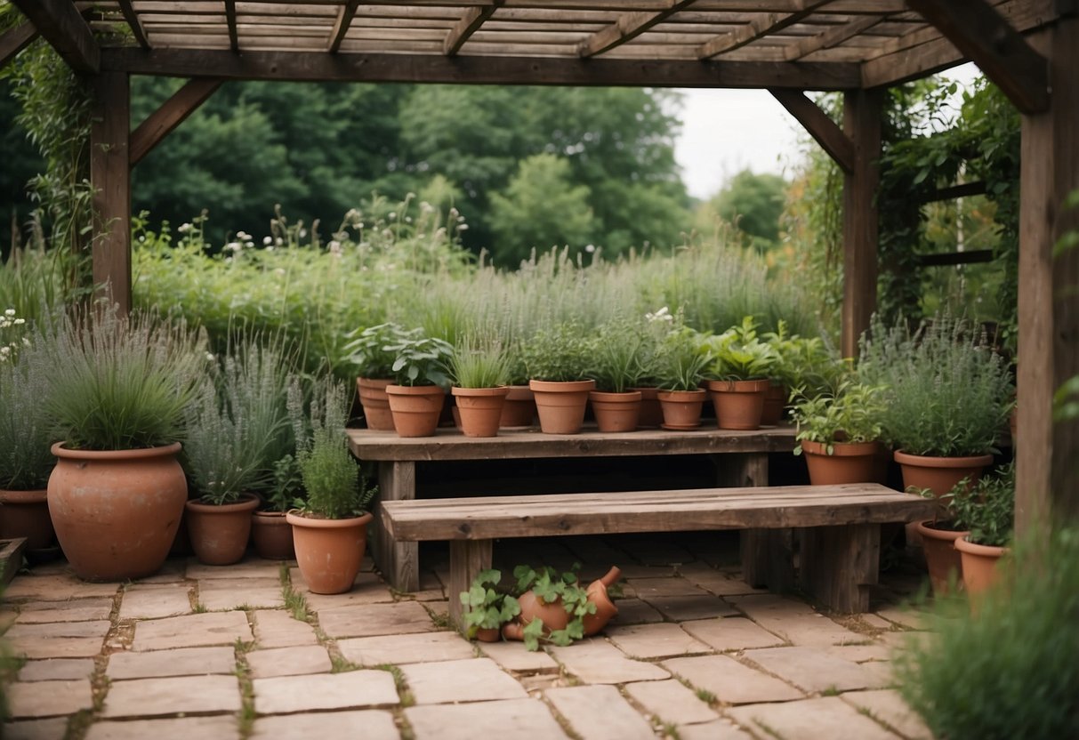 A vintage herb garden with weathered terracotta pots, overgrown pathways, and a rustic wooden bench under a pergola