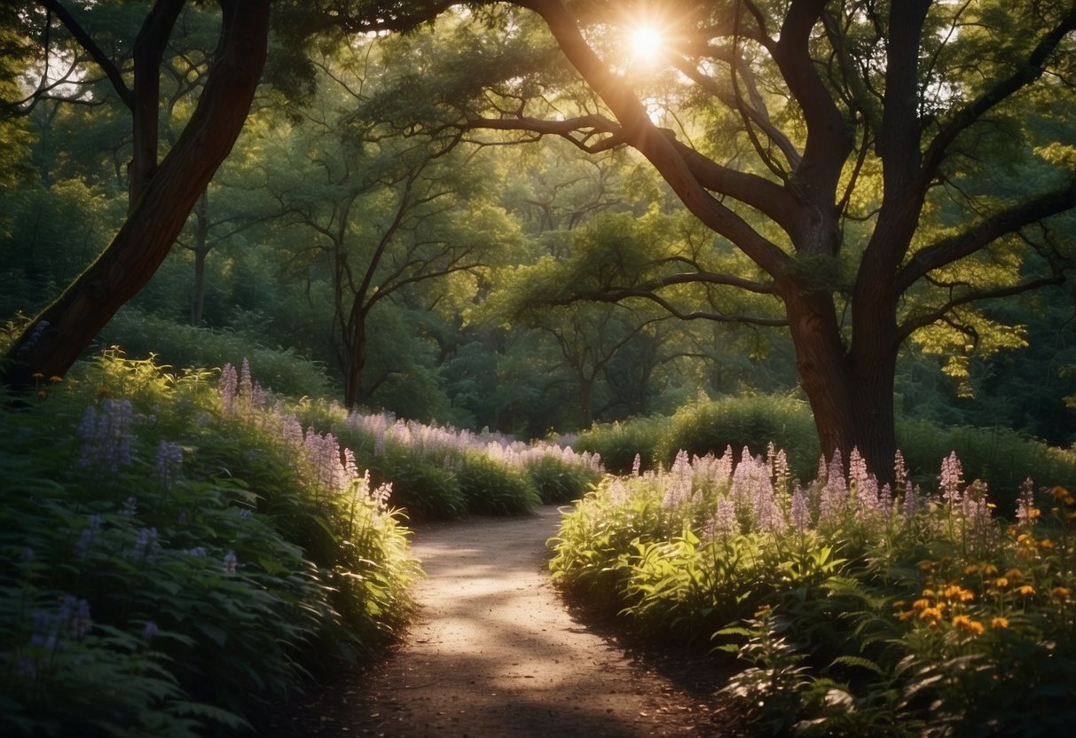 A winding pathway through a mystical forest, with vibrant flowers, towering trees, and dappled sunlight filtering through the canopy