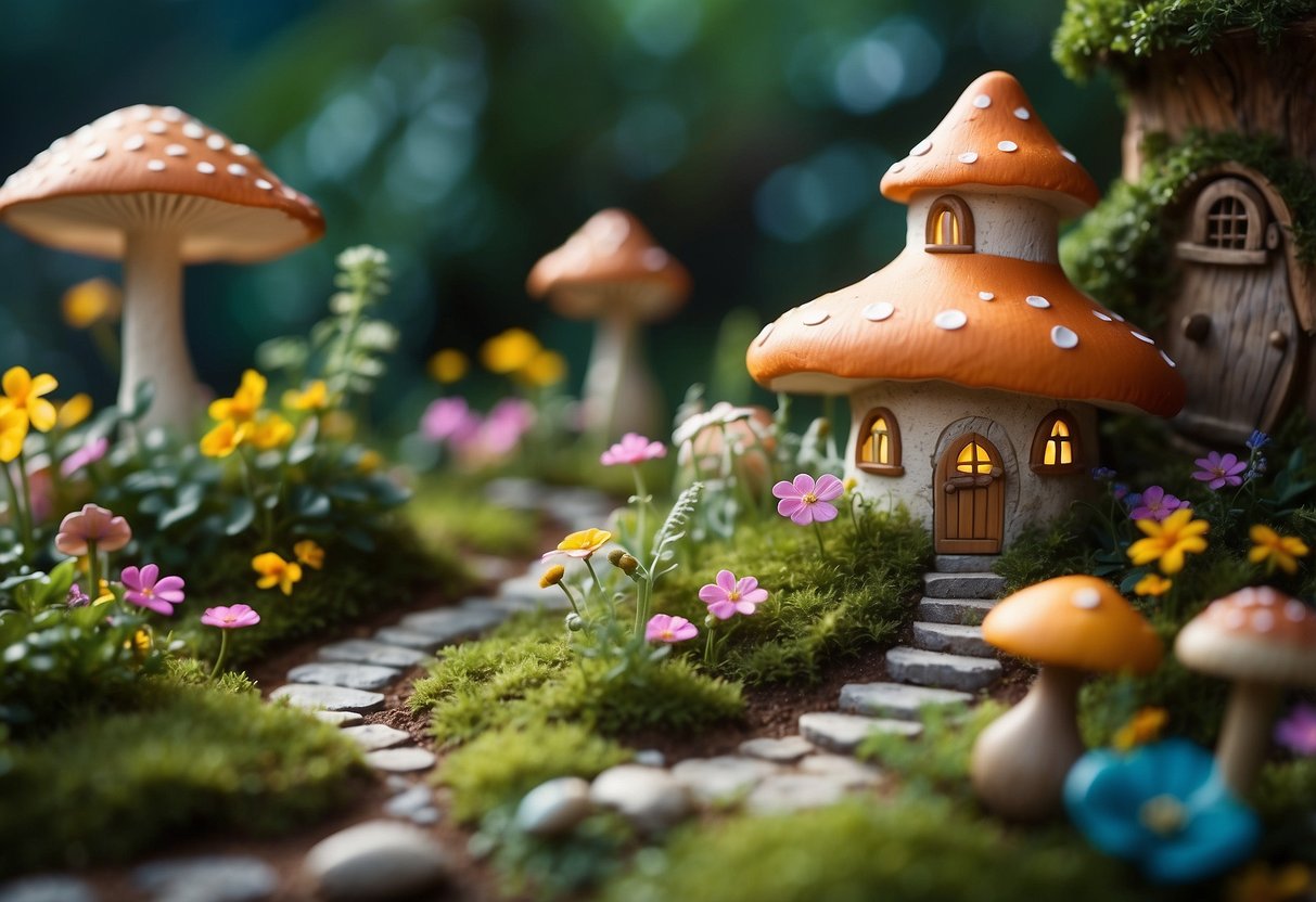 A whimsical fairy garden with colorful flowers, mushrooms, and twinkling fireflies. A charming cottage nestled among lush greenery, with a winding path leading to a magical fountain