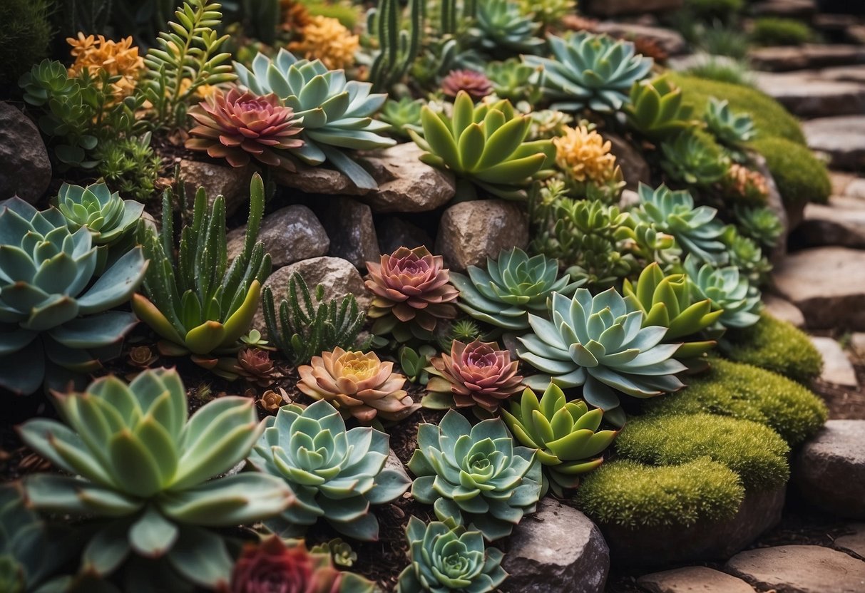 A lush bohemian succulent garden with vibrant colors and various plant shapes, cascading down a stone wall with whimsical patterns and textures