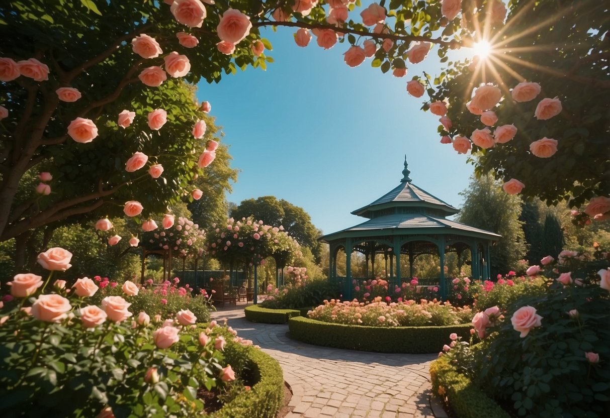 A lush rose garden with vibrant blooms, winding pathways, and a charming gazebo under a clear blue sky