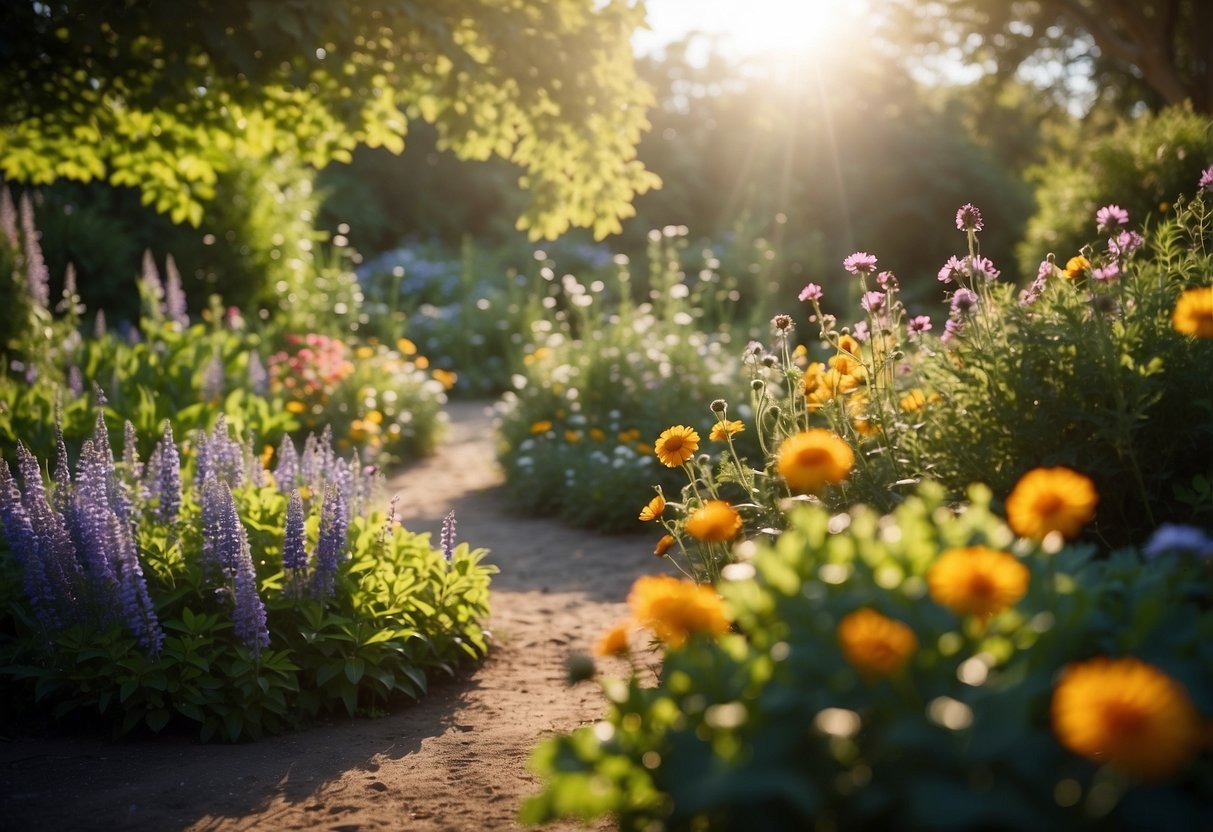 A lush garden with vibrant flowers, winding pathways, and a variety of wildlife, including birds, butterflies, and rabbits. The sun is shining, and the sky is a brilliant blue