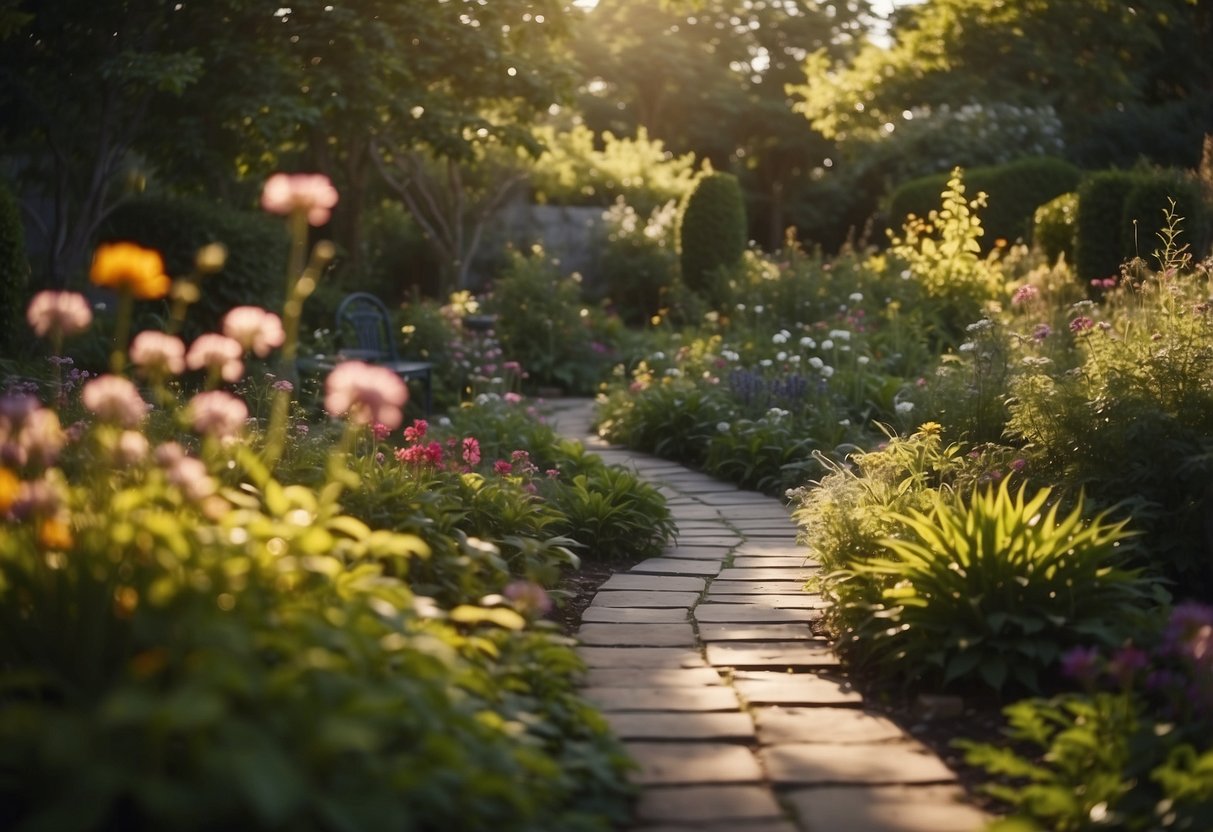 Vibrant flowers and lush greenery fill the garden, with a winding path leading to a cozy seating area. Sunlight filters through the leaves, casting dappled shadows on the ground