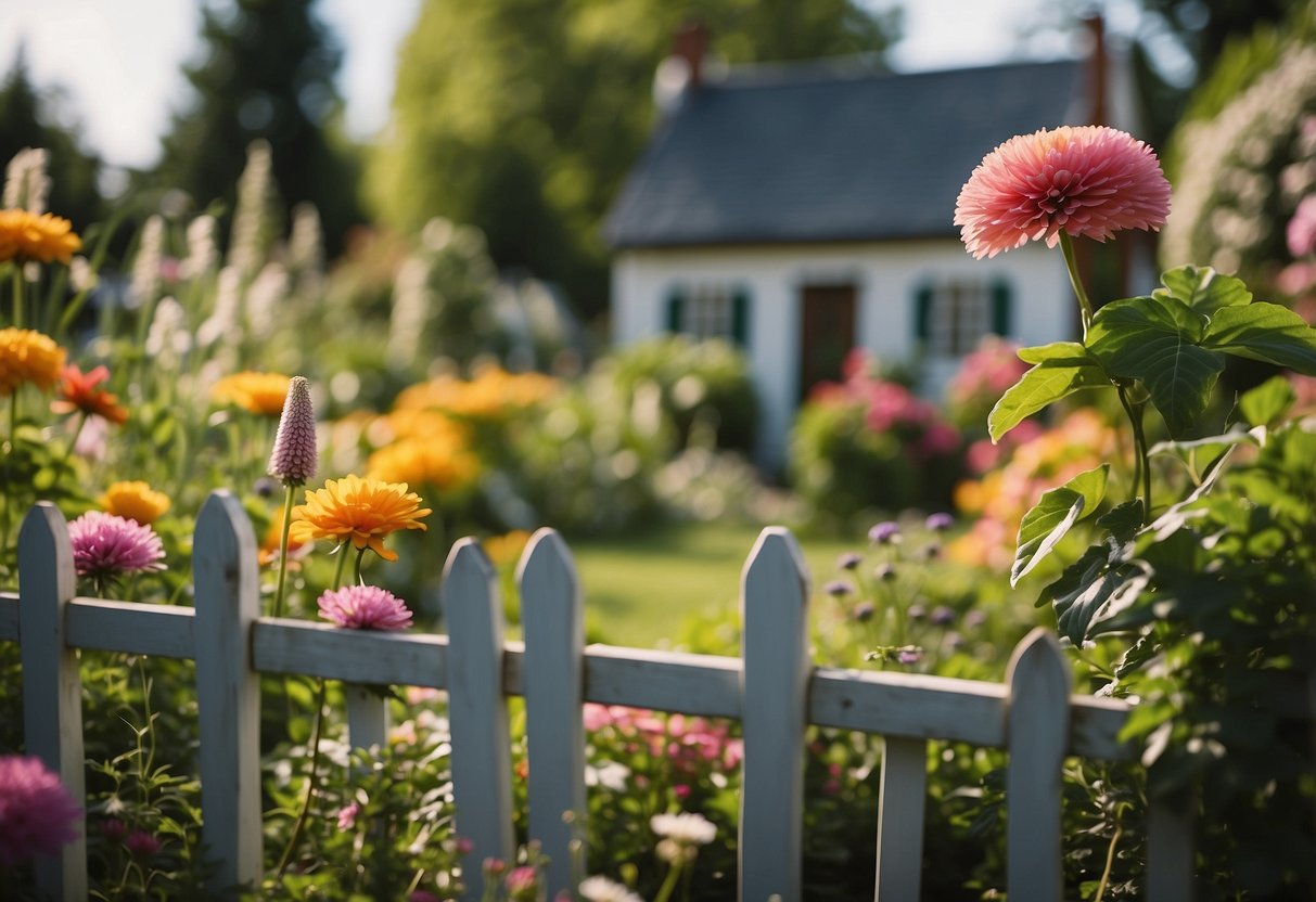 A lush garden with vibrant flowers, winding paths, and a variety of plants, surrounded by a charming picket fence and a quaint garden shed