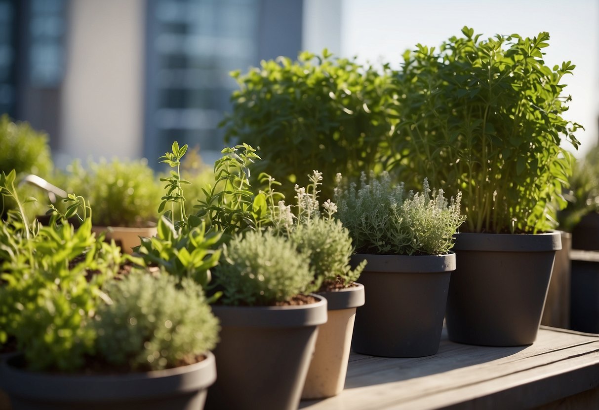 A rooftop garden with herb spiral planters, filled with a variety of aromatic plants, surrounded by lush greenery and basking in the warm sunlight