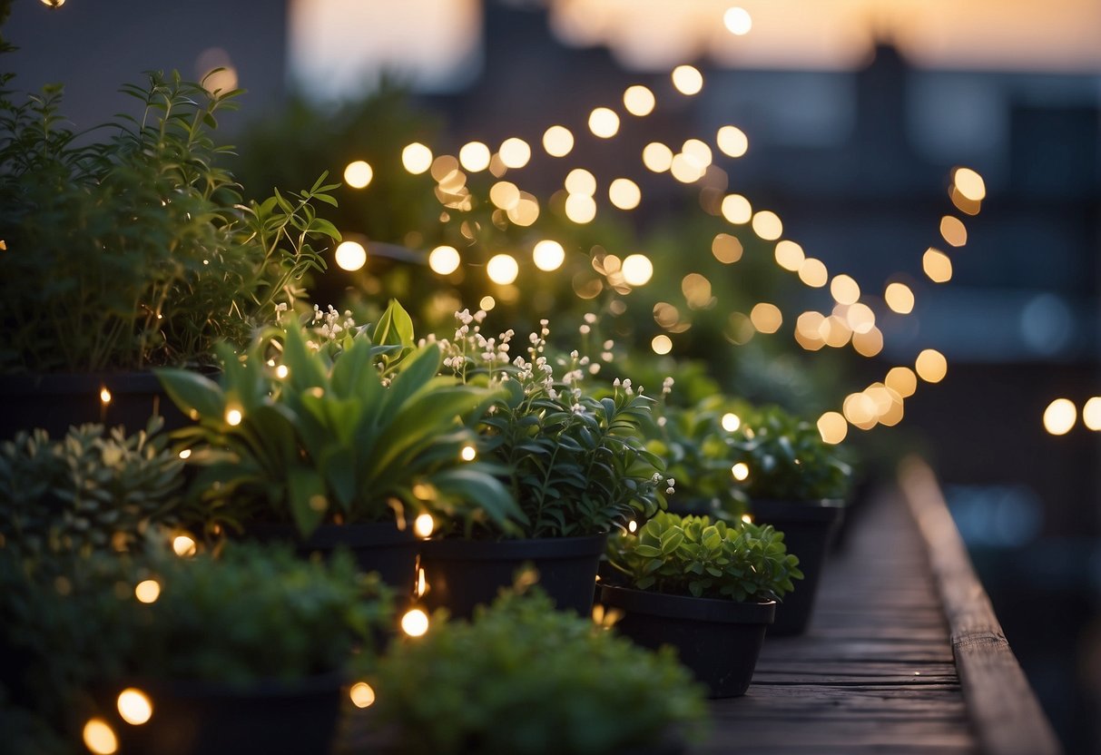 A rooftop garden adorned with twinkling fairy lights and lush greenery