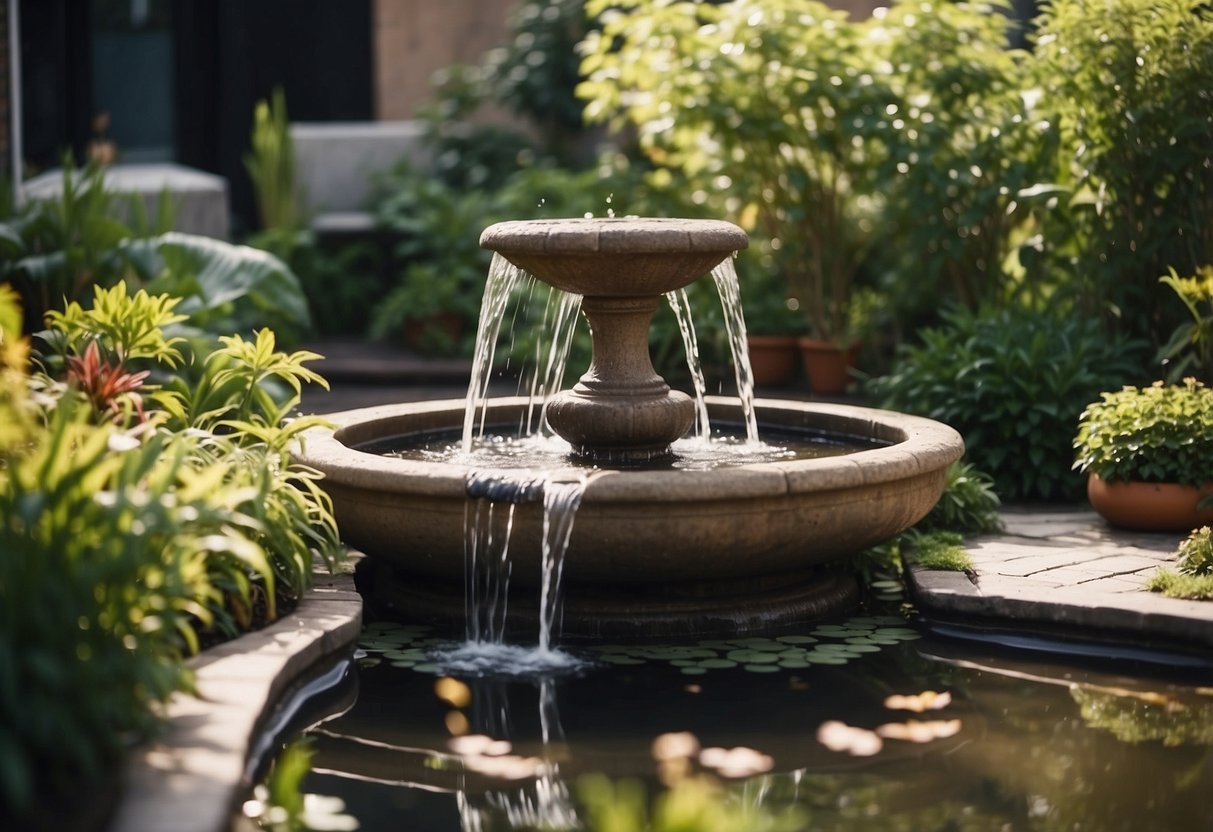 A rooftop garden with DIY water features: a small pond surrounded by lush plants, a cascading waterfall, and a bubbling fountain