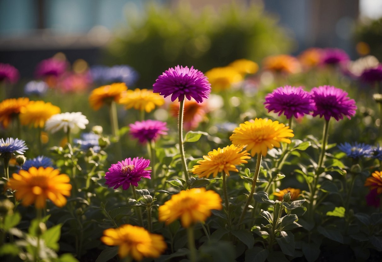 Vibrant flower beds line the rooftop garden, bursting with a kaleidoscope of colors and shapes. The sun shines down, casting a warm glow over the lively scene