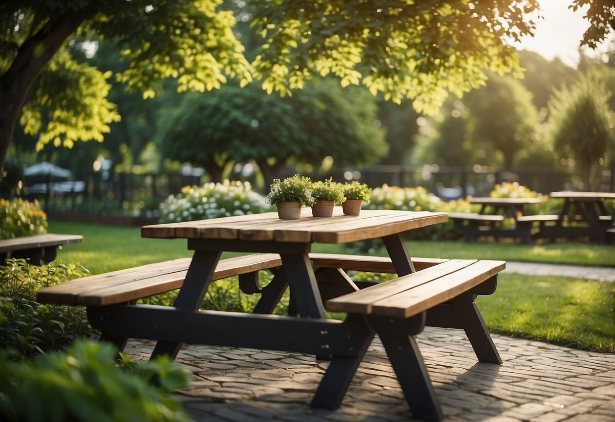 A picnic table with benches surrounded by a lush garden, with a designated play area nearby