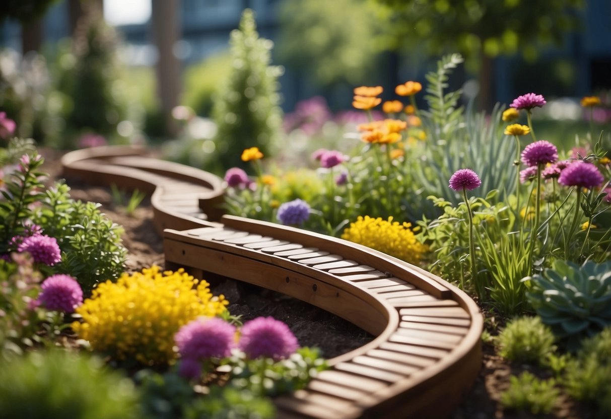 A colorful sensory garden with winding paths, featuring interactive play areas like a musical xylophone, textured plantings, and fragrant herbs