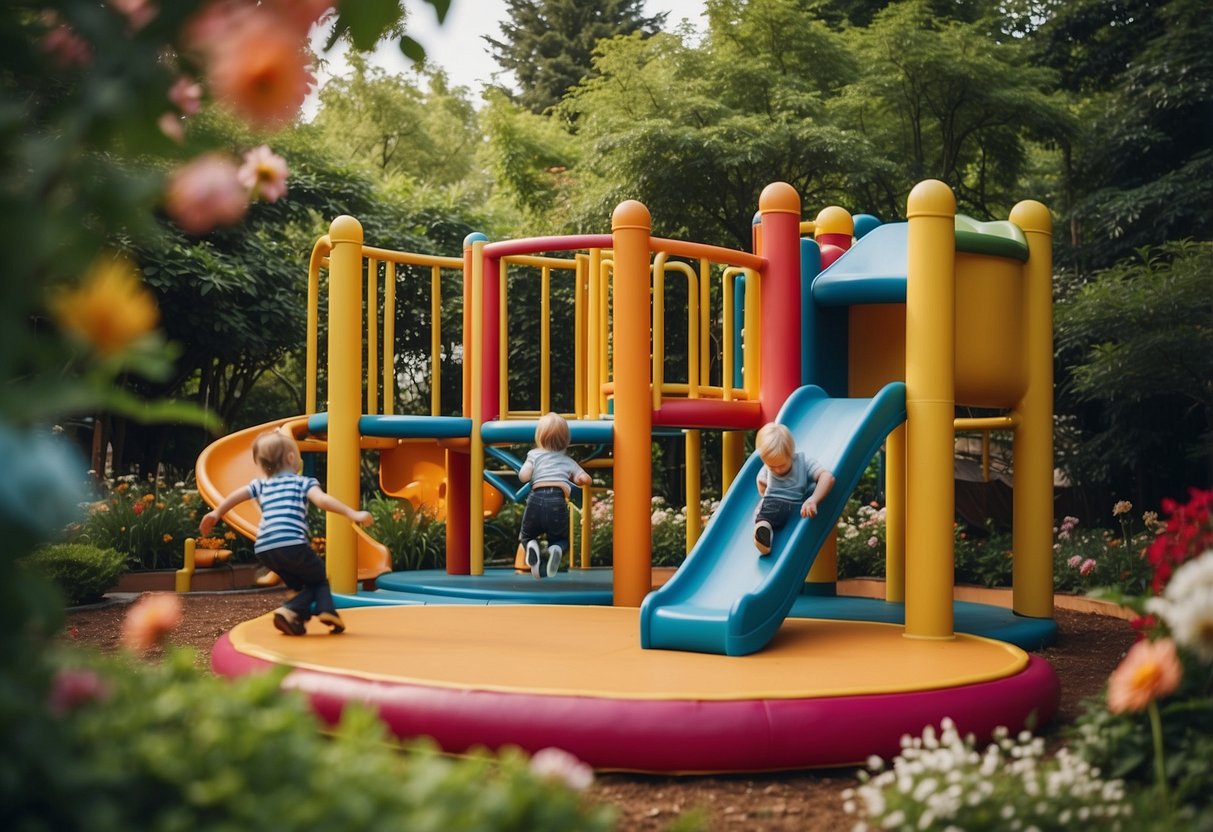 Children playing on a colorful play structure in a lush garden, surrounded by blooming flowers and greenery