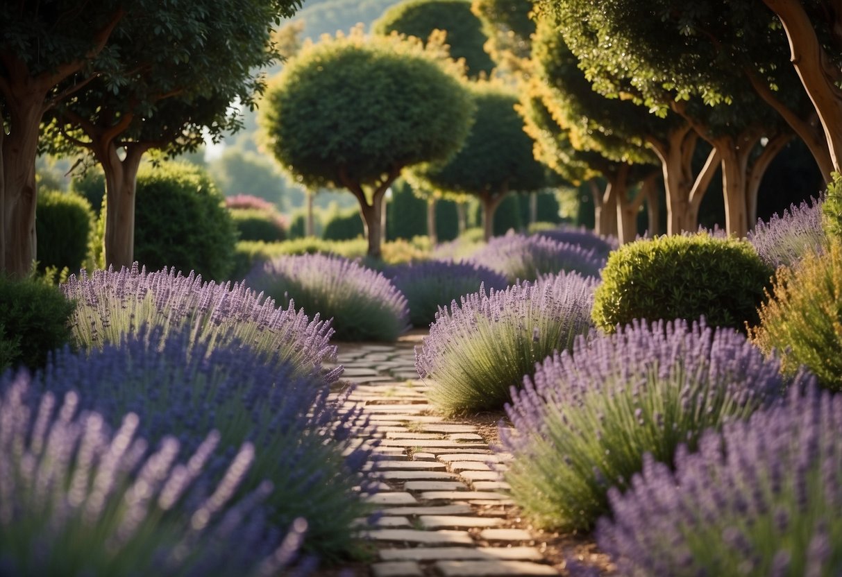 A winding pathway lined with vibrant lavender bushes, leading to a peaceful garden with a variety of lavender plants in full bloom