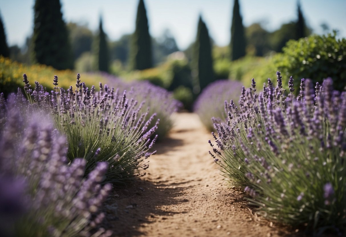 A lush lavender hedge lines a winding path through a garden, with bees buzzing around the fragrant purple blooms