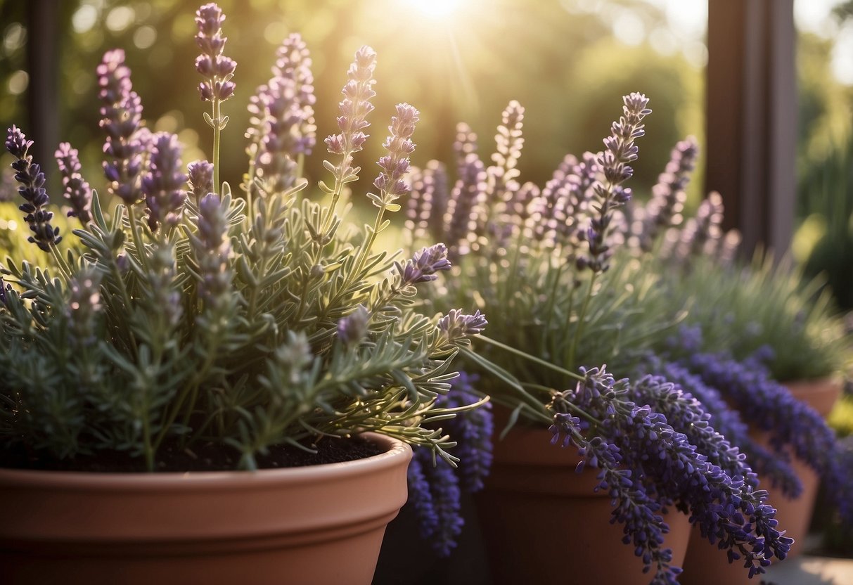 Lavender planters arranged on a sunlit patio, surrounded by greenery and blooming flowers. A peaceful and inviting garden space