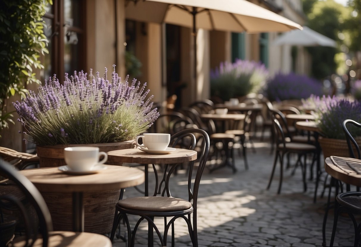 A cozy corner of a French cafe with a lush lavender garden, surrounded by wrought iron tables and chairs, and the scent of lavender in the air